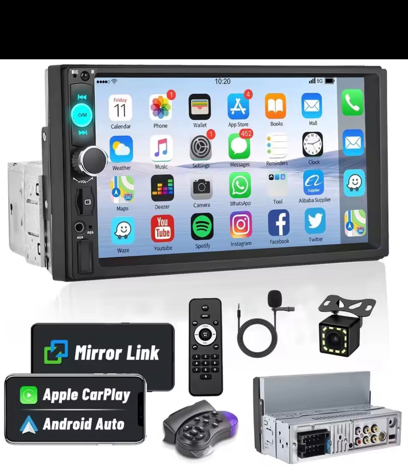 He encontrado esto en AliExpress:  | Radio estéreo para coche con pantalla táctil única de 1Din de calidad de 7 pulgadas con mango cámara de Control remoto para Apple/Android CarPlay Bluetooth
https://a.aliexpress.com/_mP2vcF3