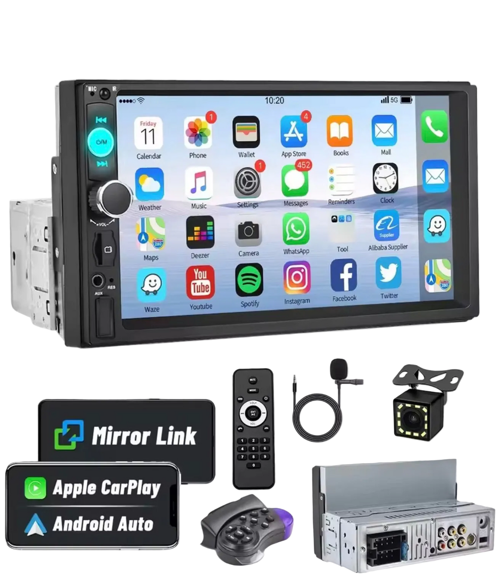 He encontrado esto en AliExpress:  | Radio estéreo para coche con pantalla táctil única de 1Din de calidad de 7 pulgadas con mango cámara de Control remoto para Apple/Android CarPlay Bluetooth
https://a.aliexpress.com/_mP2vcF3